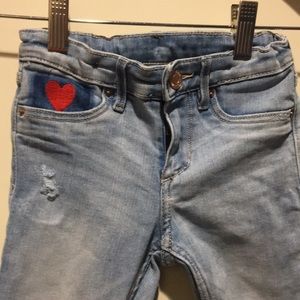 H&M denim embroidered heart/life love distress skinny jeans raw hem size 4T